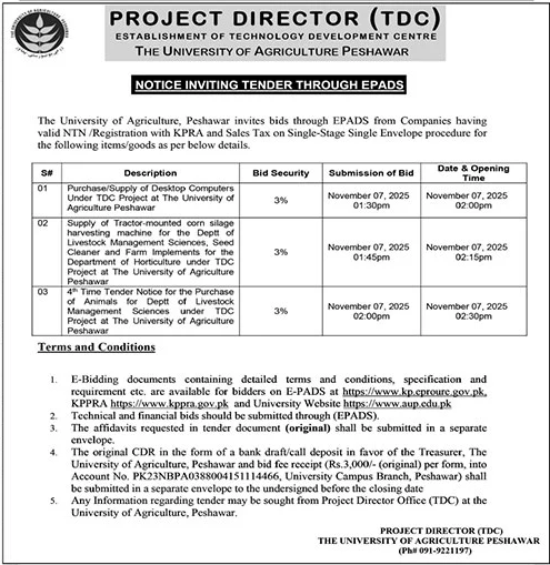 The University of Agriculture Peshawar Tender Notice